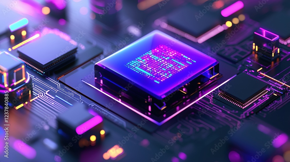 Poster neon glow futuristic circuit board technology processor