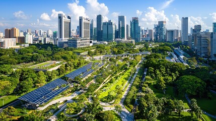 Obraz premium Modern City Skyline with Lush Green Park and Solar Panels Sustainable Urban Design