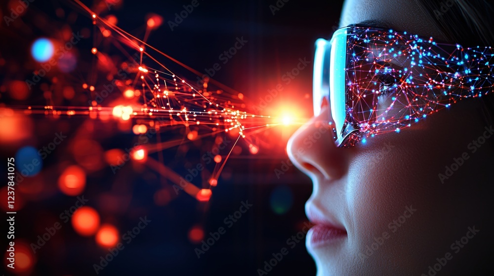 Poster woman experiencing futuristic virtual reality network data stream
