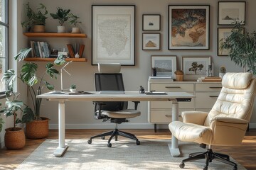 Modern standing desk with gray-tan surface, white legs, and book/document holes, paired with office chair, storage cabinets, and framed art in a clean workspace