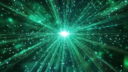 A vibrant explosion of green light and particles, suggesting energy and motion.