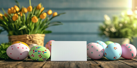 Frohe Ostern. Osterkarte mit bunt bemalten Ostereier im Korb. Karte Werbebanner Werbeschild für Ostern.