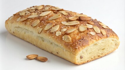 Toasted almond-studded ciabatta bread with a crispy crust and a soft interior, ciabatta bread, artisanal bread, soft interior