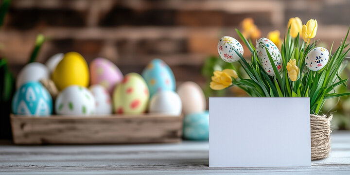 Frohe Ostern. Osterkarte mit bunt bemalten Ostereier im Korb. Karte Werbebanner Werbeschild f&uuml;r Ostern.