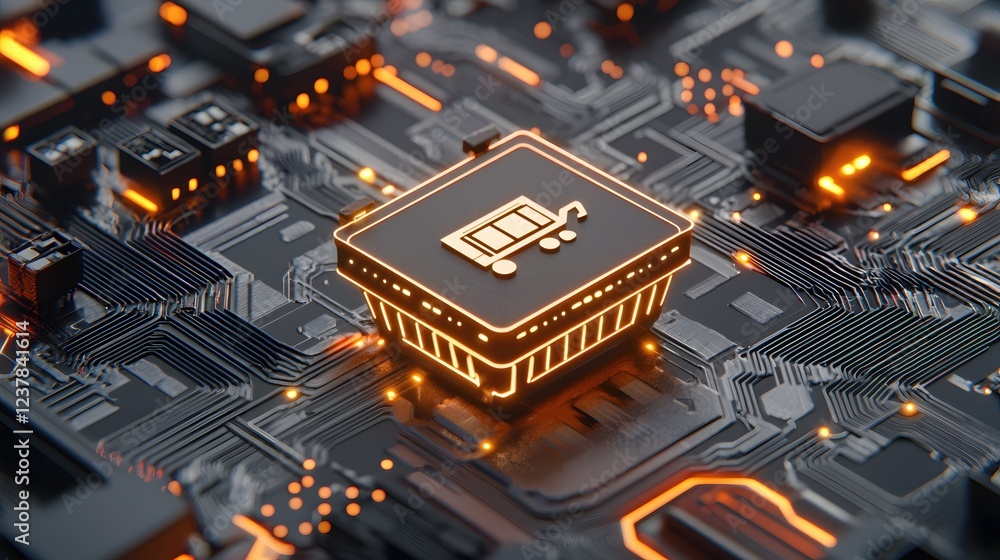 Poster digital shopping cart on futuristic circuit board technology