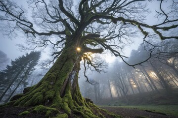 Obraz premium Towering ancient tree with glowing moss-covered branches and roots stretching into darkness, night, eerie glow, bioluminescent forest