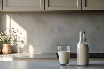 Obraz premium Milk bottle and glass on the right, empty space for text on the left, modern kitchen, illustrating healthy life and food