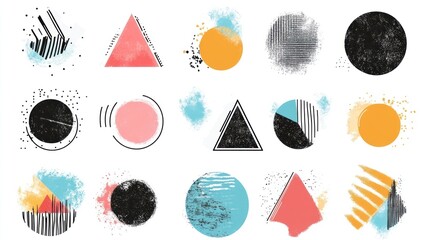 Abstract geometric shapes design elements; textured circles, triangles, splashes; white background; graphic design