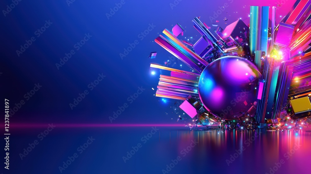 Poster vibrant abstract sphere with exploding geometric shapes in neon colors