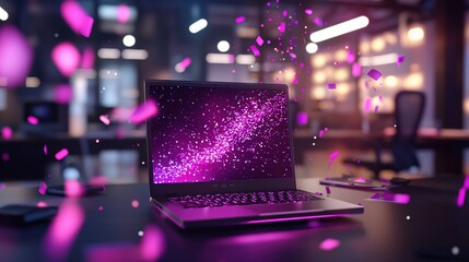 Obraz premium Modern Laptop with Pink Sparkling Particles Digital Innovation Technology