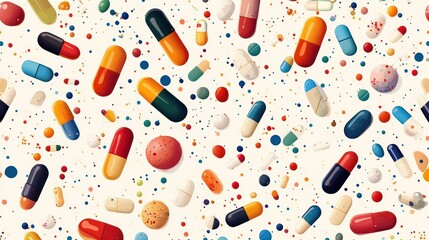 Colorful pills scattered on white background, pharmaceutical texture, medical design