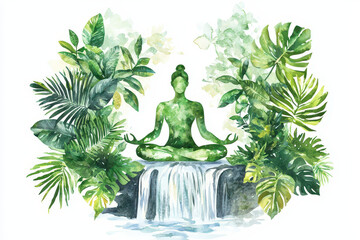 A serene, green figure meditating amidst lush foliage and a waterfall, symbolizing tranquility and harmony with nature.