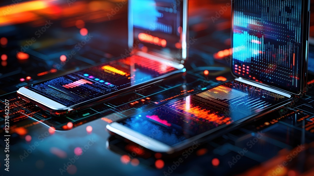 Poster Futuristic Smartphones Displaying Digital Data Streams and Code