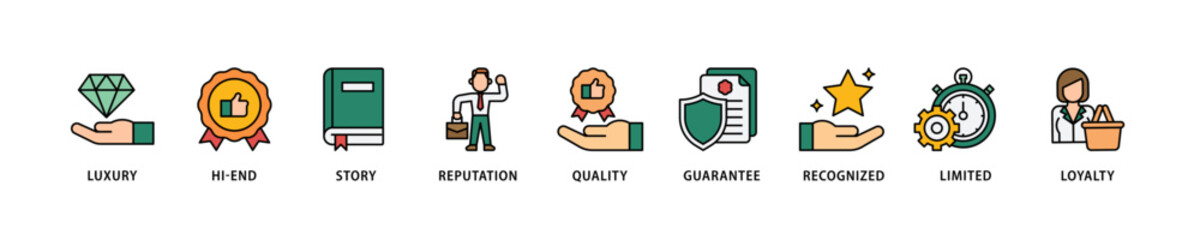 Superbrand icon set flow process which consists of luxury, hi-end, story, reputation, quality, guarantee, recognized, limited and loyalty icon live stroke and easy to edit .