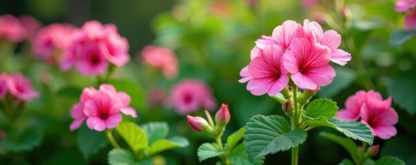 Obraz premium Blooming geranium flowers dance amidst green foliage, pink, plants, flowers