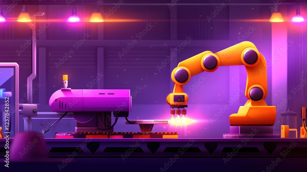 Poster Futuristic Factory Automation Robotic Arm Assembly Line Process
