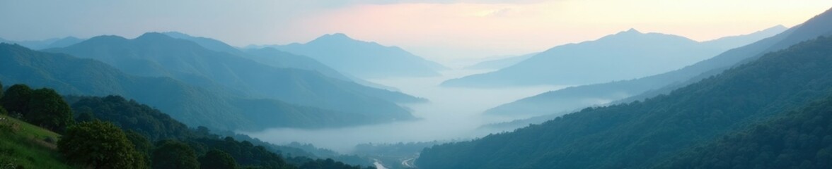 Fototapeta premium Dreamy landscape with misty mountains and valleys, calm, mist, valleys
