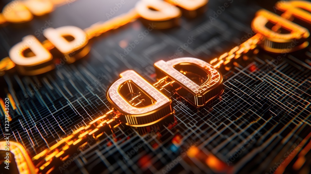 Poster golden digital currency chain on circuit board abstract technology background