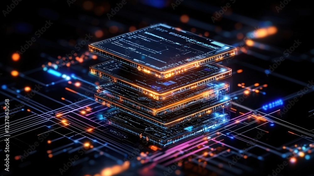 Aufkleber Futuristic Data Blocks Stacked on Digital Circuitry Network