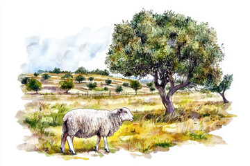 Obraz premium A serene landscape featuring a sheep grazing near a tree, with rolling hills and a cloudy sky in a picturesque setting.