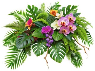 Lush Tropical Floral Arrangement with Monstera, Ferns & Vanda Orchids on Branch, Isolated on White