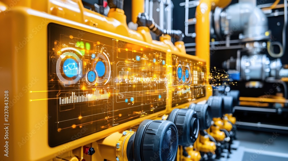 Fototapete Industrial Machine Control Panel with Digital Overlay Data Visualization and Monitoring System
