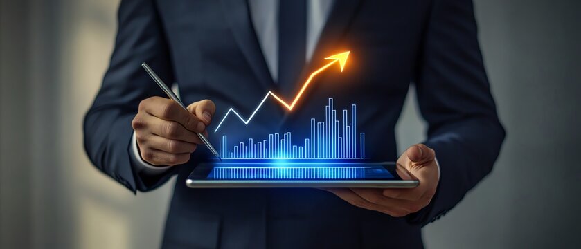 Businessman analyzing financial data on tablet.
