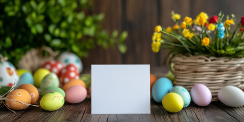 Frohe Ostern. Osterkarte mit bunt bemalten Ostereier im Korb. Karte Werbebanner Werbeschild für Ostern.