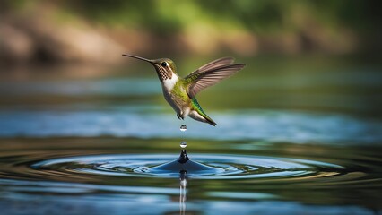 Hummingbird Hovering Over Water: Stunning Nature Stock Photo