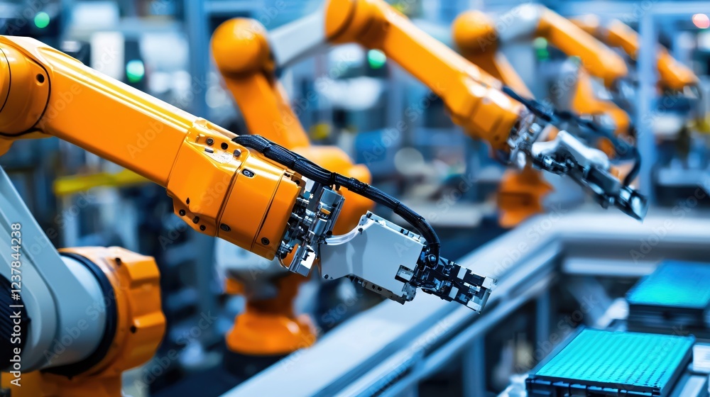Poster advanced robotic arms in modern factory automation