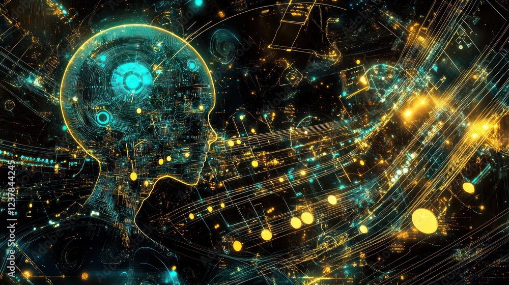 Aufkleber abstract representation of a human head filled with digital patterns and glowing elements.