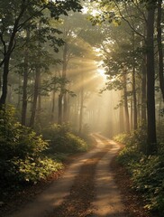 Naklejka premium Sunny forest with a meandering dirt path leading into the woods, forest, earthy tones, trail, nature