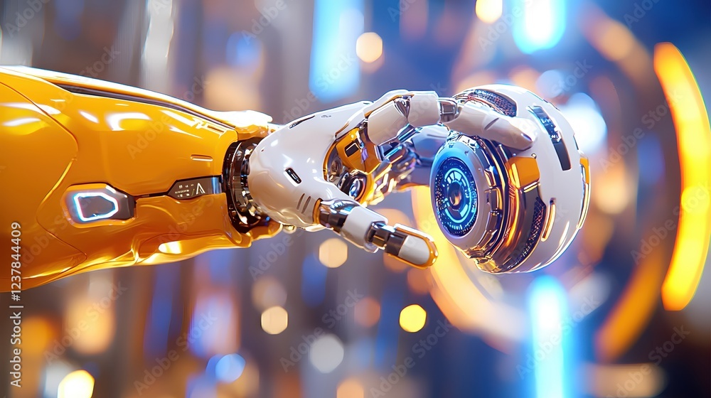 Poster futuristic robotic arm grasps advanced technology sphere