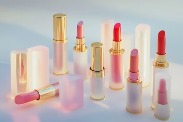 Obraz premium A collection of luxurious lipsticks in different shades displayed on an elegant white background with soft lighting.