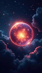 Obraz premium Crystal orb glows within vast interstellar space, glowing orb, galaxy clouds, ethereal glow