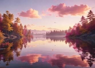 Fototapeta premium Pale yellow and pink hues floating in the air above a tranquil lake, peacefulness, natural serenity , airy scene