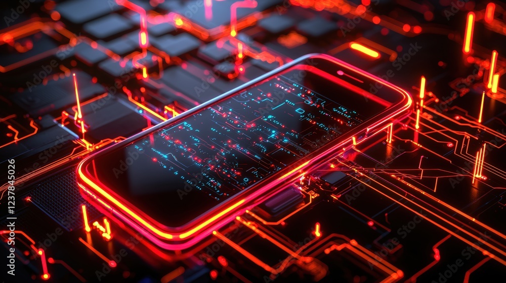 Poster futuristic smartphone on glowing circuit board digital technology