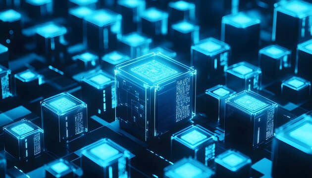 Abstract Digital Cubes Illuminated with Blue Light - Powered by Adobe