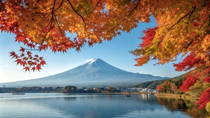 Fototapeta premium Panoramic view of the Japanese countryside with Mount Fuji majestically standing tall amidst a sea of colorful autumn leaves and serene lake waters at Lake Kawaguchiko, Fuji, lake Kawaguchiko