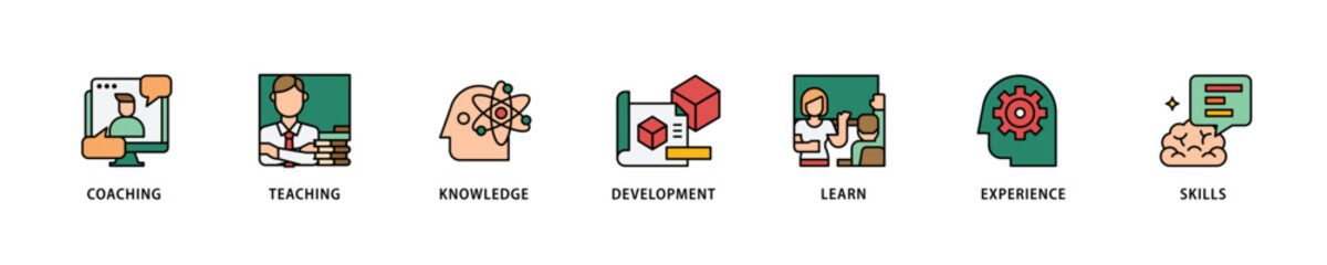 Training and development icon set flow process which consists of trainer, professional development, supervisory, trainee, instructor, coaching  icon live stroke and easy to edit .