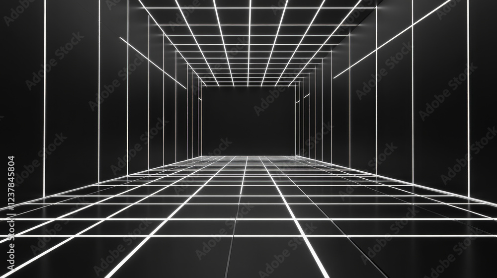 Poster 3d grid space. empty futuristic digital box room, black abstract background with white grid space li