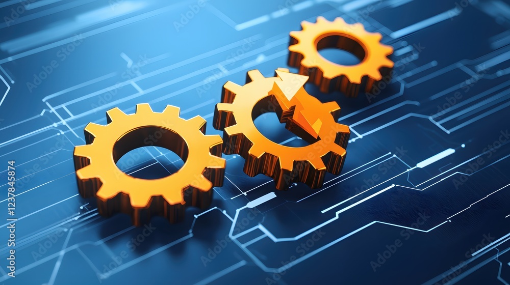 Aufkleber golden gears interlocking on digital circuit board technology innovation