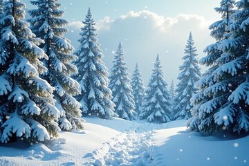 Obraz premium Softly falling snowflakes create a serene landscape amidst snow-covered evergreens, soft, snow forest