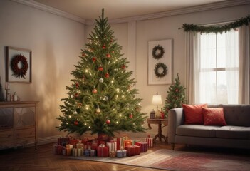 Spruce tree in a room filled with festive decorations, Christmas tree lighting, winter room