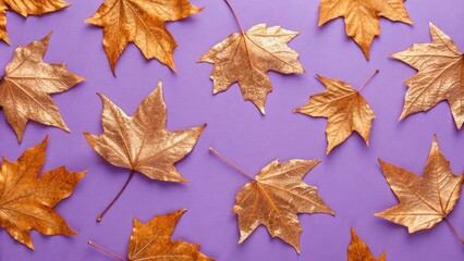 Pattern of dry orange metallic leaves on violet background, metallic colors, leaf arrangements, abstract nature