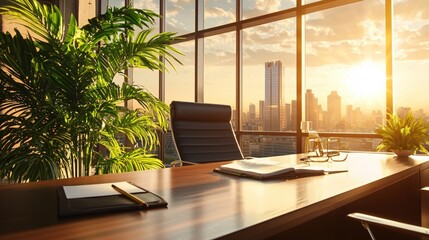 Obraz premium Modern Office Sunset Cityscape View Luxury Desk Workspace