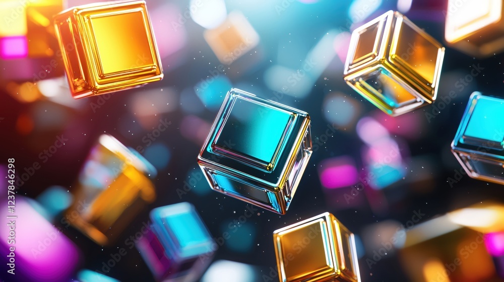 Poster Vibrant Golden and Teal Cubes Floating in Space Abstract 3D Render