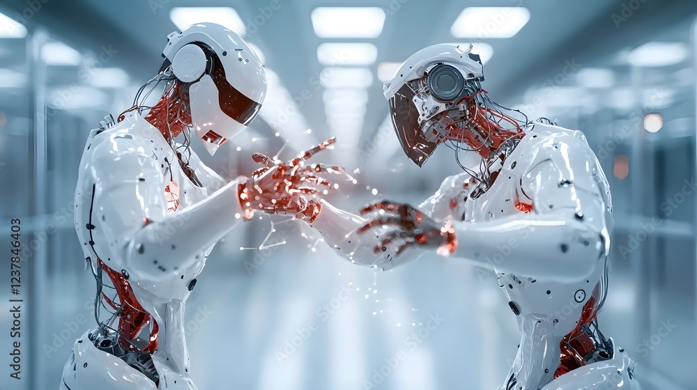 Poster futuristic robots interacting advanced technology digital connection white robotic figures