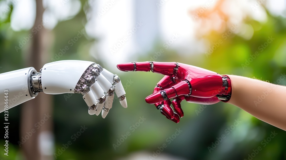 Poster robotic hands reaching connection future technology innovation