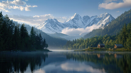 Serene mountain landscape with lake and cabins